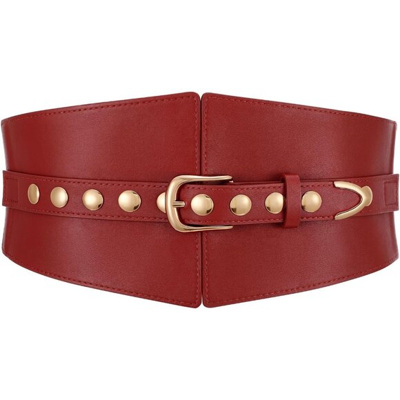 Women Elastic Chunky Stretchy Elegance Belt with Gold Rivets Buckle Daily Red - Picture 1 of 7